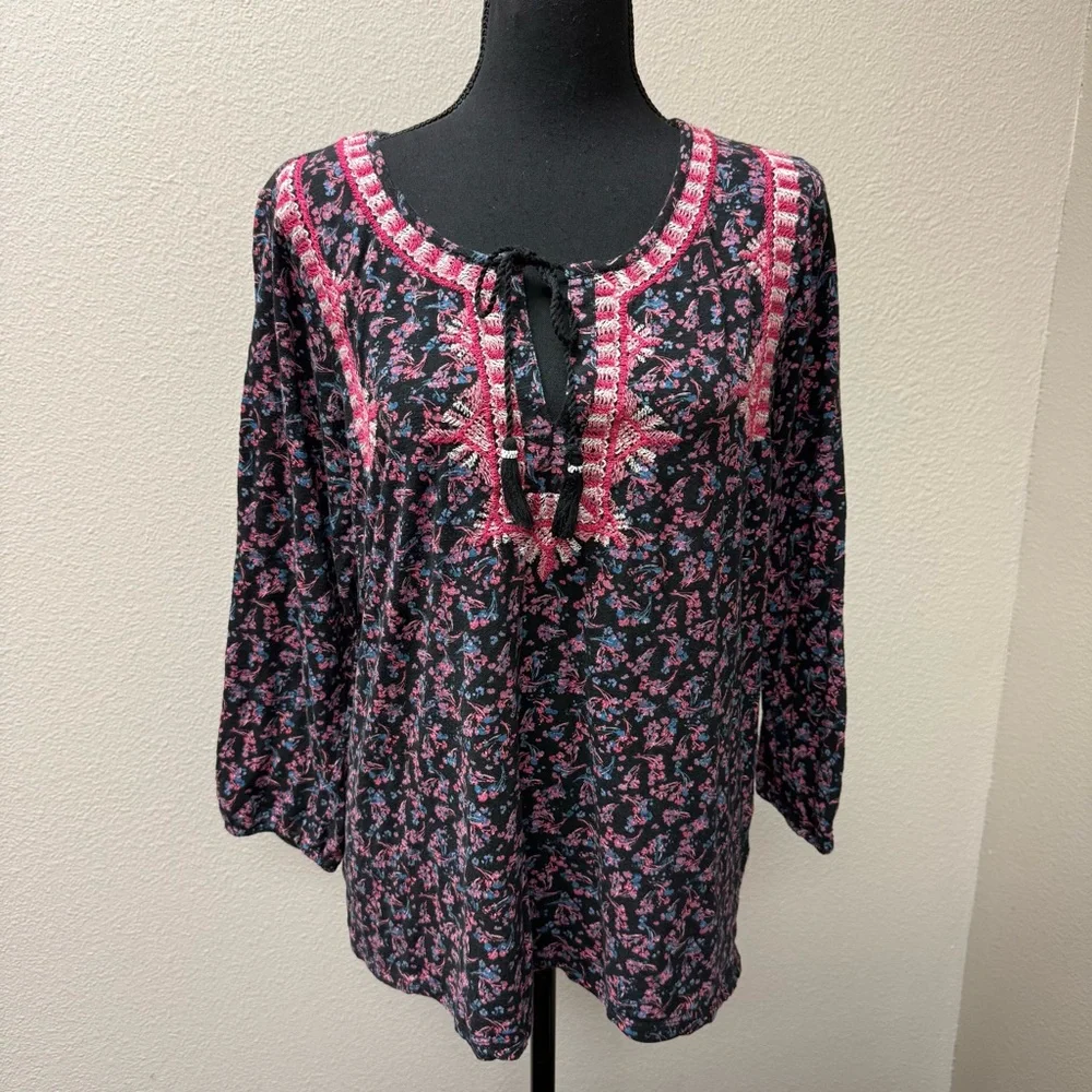 Lucky Brand Black Pink Floral Embroidered Boho Peasant Blouse Tassel Tie XL - Picture 2 of 8